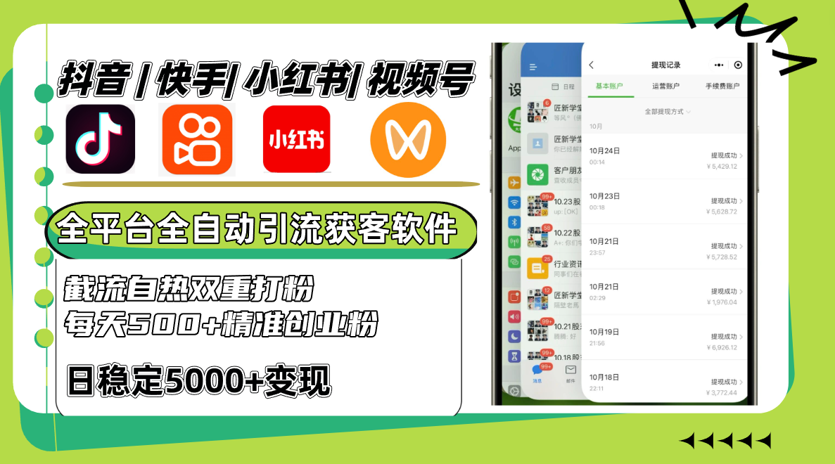 抖音快手小红书视频号全平台全自动引流获客系统，截流自热双重打粉，每天500+精准粉-云创网