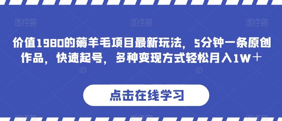 价值1980的薅羊毛项目最新玩法，5分钟一条原创作品，快速起号，多种变现方式轻松月入1W＋【揭秘】-云创网