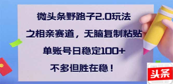 微头条野路子2.0玩法之相亲赛道，无脑搬砖复制粘贴，单账号日稳定300+...-云创网